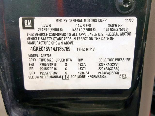 1GKEC13V14J185769 - 2004 GMC YUKON BLACK photo 10