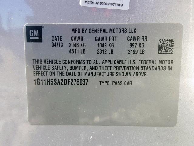 1G11H5SA2DF278037 - 2013 CHEVROLET MALIBU LTZ SILVER photo 10