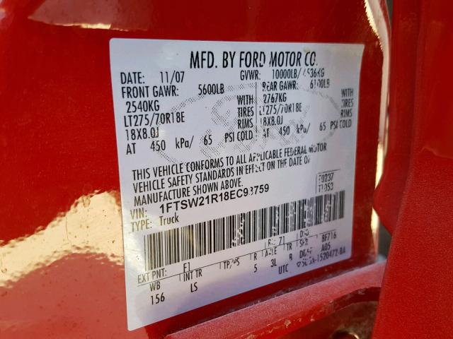 1FTSW21R18EC93759 - 2008 FORD F250 SUPER RED photo 10
