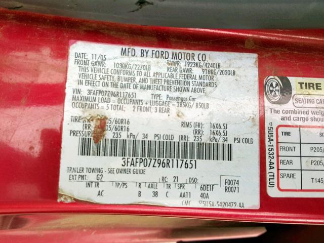 3FAFP07Z96R117651 - 2006 FORD FUSION SE 红色 照片 10