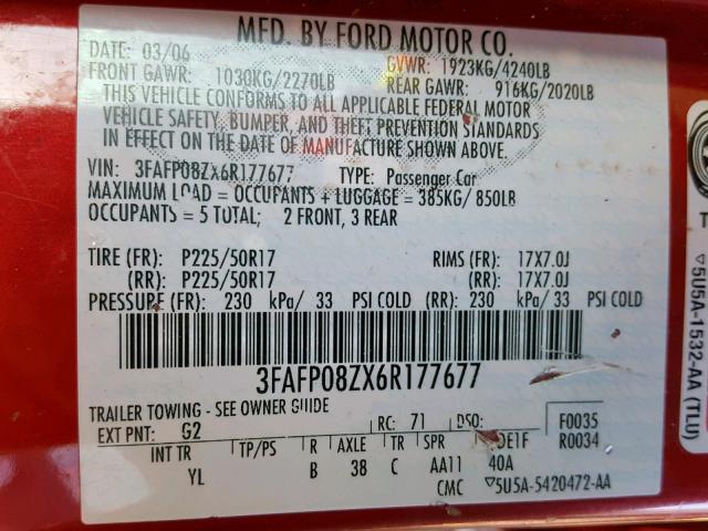 3FAFP08ZX6R177677 - 2006 FORD FUSION SEL RED photo 10