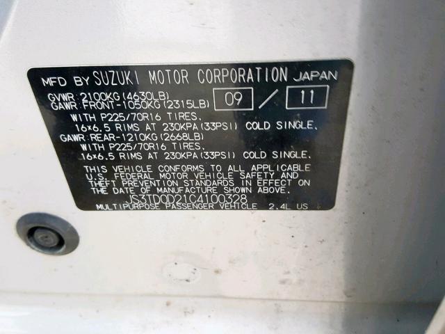 JS3TD0D21C4100328 - 2012 SUZUKI GRAND VITA SILVER photo 10