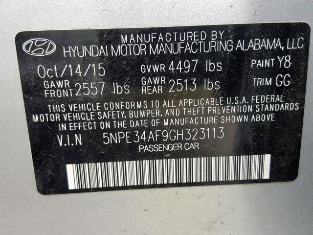 5NPE34AF9GH323113 - 2016 HYUNDAI SONATA SPO SILVER photo 10