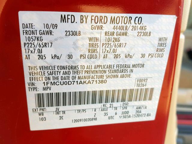 1FMCU0D71AKA71380 - 2010 FORD ESCAPE XLT RED photo 10