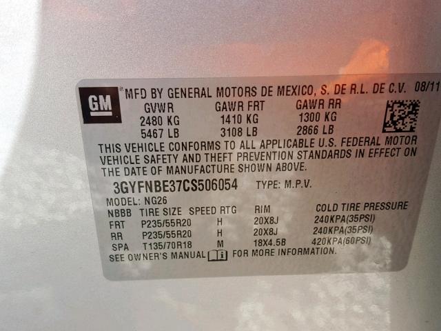 3GYFNBE37CS506054 - 2012 CADILLAC SRX PERFOR ვერცხლისფერი ფოტო 10