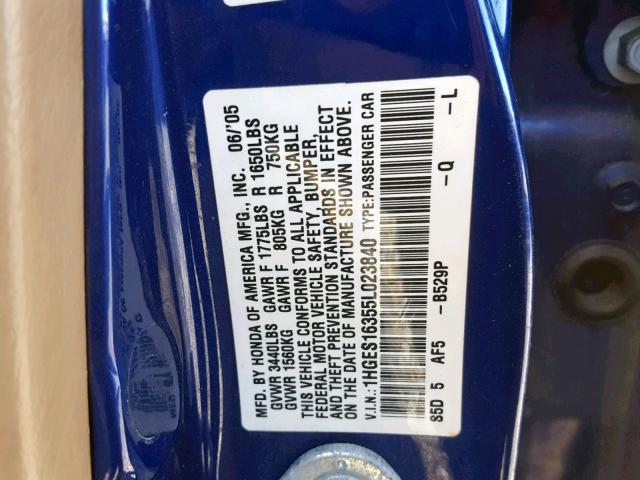 1HGES16355L023840 - 2005 HONDA CIVIC DX V BLUE photo 10