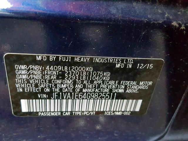 JF1VA1E64G9825511 - 2016 SUBARU WRX PREMIU BLUE photo 10