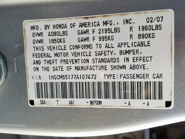 1HGCM55177A107472 - 2007 HONDA ACCORD VAL SILVER photo 10