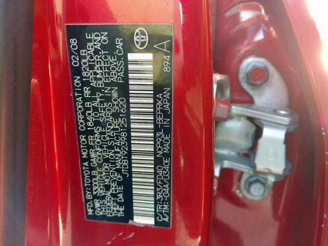 JTDBT923981251620 - 2008 TOYOTA YARIS RED photo 10