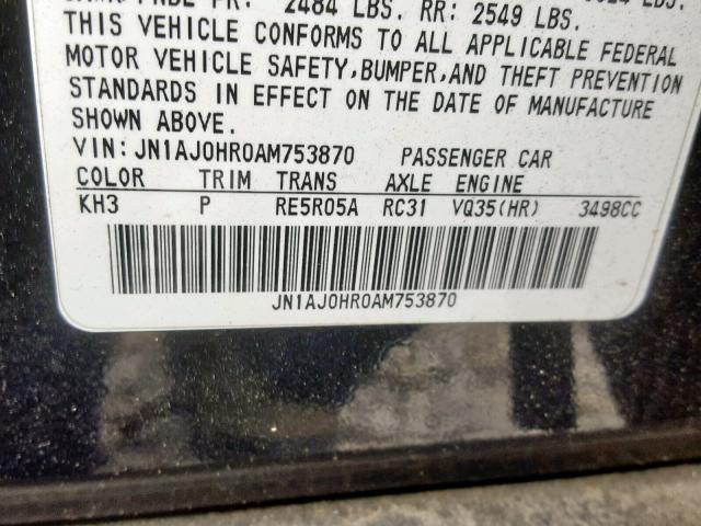 JN1AJ0HR0AM753870 - 2010 INFINITI EX35 BASE BLACK photo 10