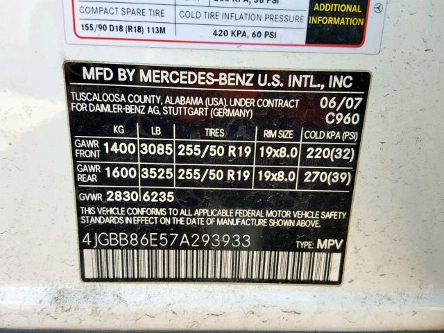 4JGBB86E57A293933 - 2007 MERCEDES-BENZ ML 350 WHITE photo 10