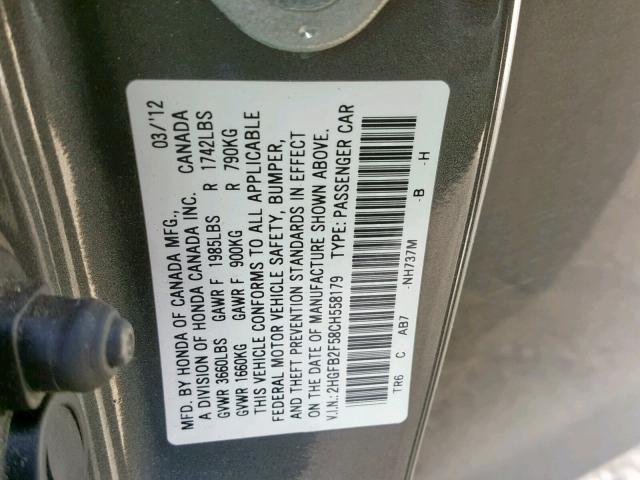 2HGFB2F58CH558179 - 2012 HONDA CIVIC LX 灰色 照片 10