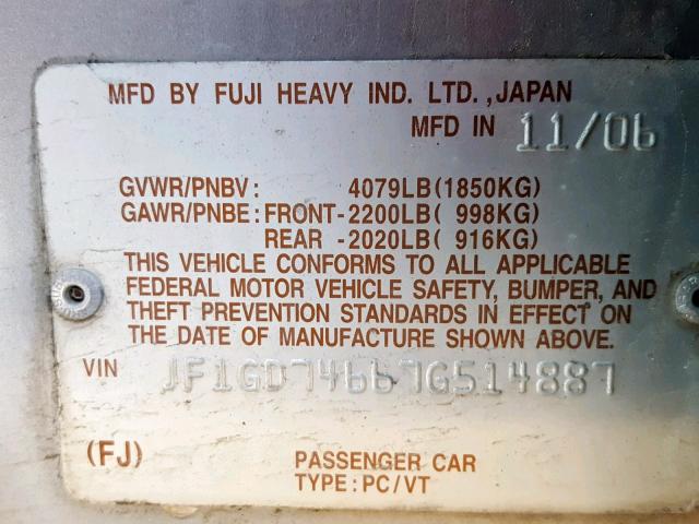 JF1GD74667G514887 - 2007 SUBARU IMPREZA WR SILVER photo 10