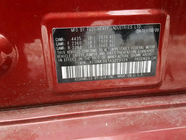 4S3BMCB61A3223129 - 2010 SUBARU LEGACY 2.5 RED photo 10