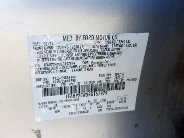 1FAHP2EW3BG157979 - 2011 FORD TAURUS SEL SILVER photo 10