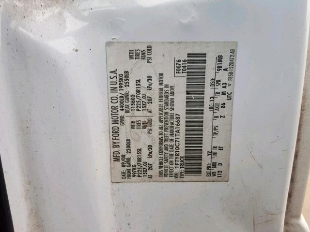 1FTYR10C71TA16687 - 2001 FORD RANGER WHITE photo 10