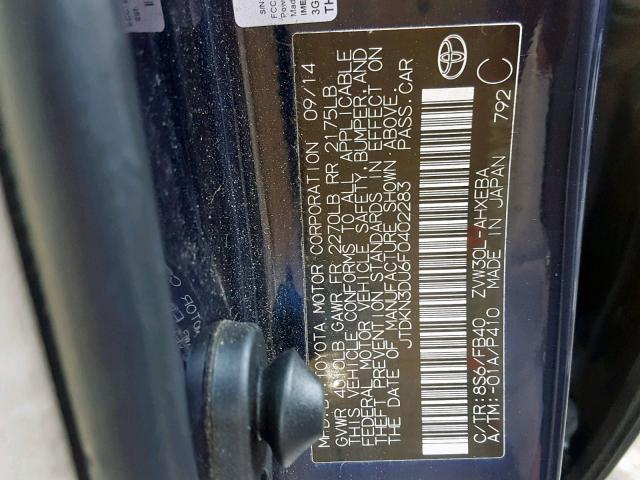 JTDKN3DU6F0402283 - 2015 TOYOTA PRIUS BLUE photo 10