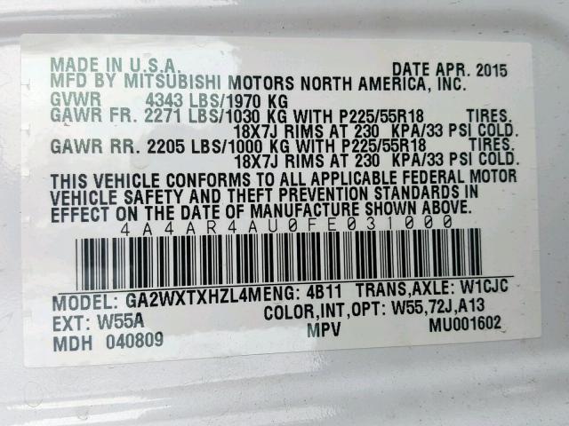 4A4AR4AU0FE031000 - 2015 MITSUBISHI OUTLANDER WHITE photo 10