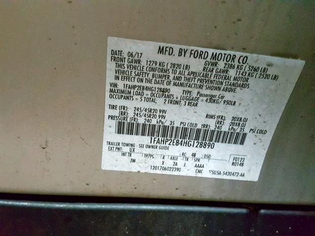 1FAHP2E84HG128890 - 2017 FORD TAURUS SEL SILVER photo 10