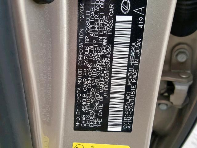 JTHBA30G855094366 - 2005 LEXUS ES 330 GOLD photo 10