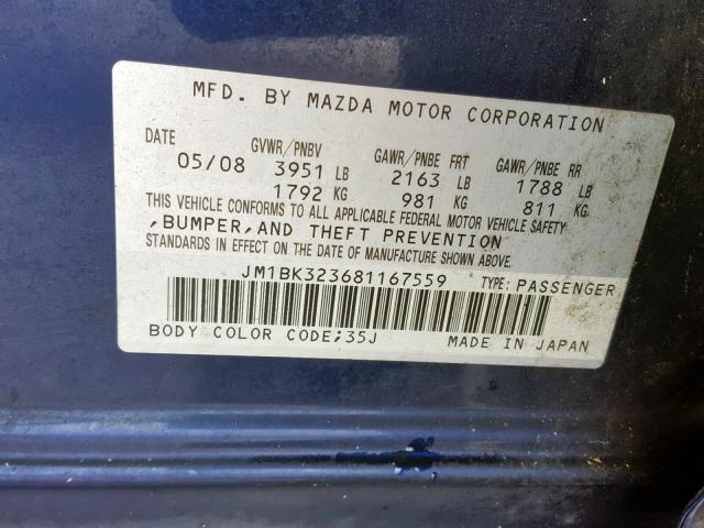 JM1BK323681167559 - 2008 MAZDA 3 S BLUE photo 10