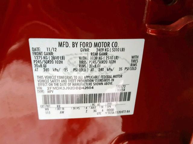 2FMDK3J92DBB42604 - 2013 FORD EDGE SEL RED photo 10