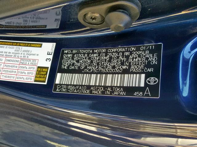 JTKJF5C77B3020362 - 2011 TOYOTA SCION TC 蓝色 照片 10