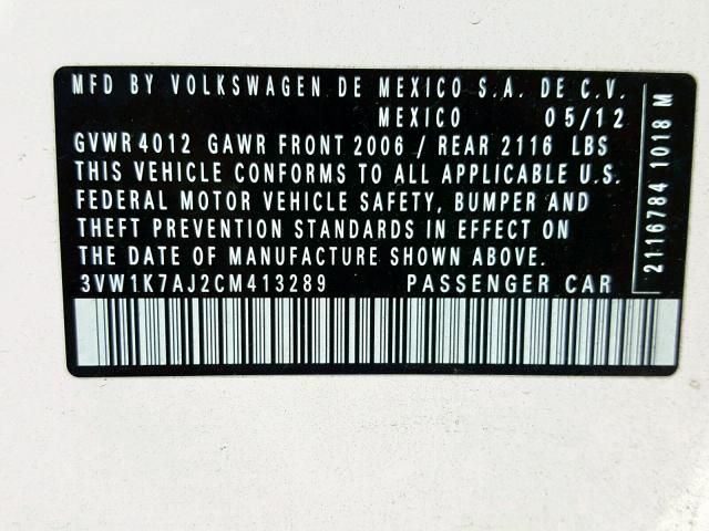 3VW1K7AJ2CM413289 - 2012 VOLKSWAGEN JETTA BASE WHITE photo 10