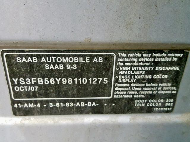 YS3FB56Y981101275 - 2008 SAAB 9-3 2.0T WHITE photo 10