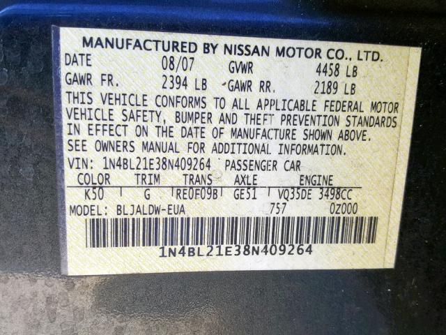 1N4BL21E38N409264 - 2008 NISSAN ALTIMA 3.5 GRAY photo 10