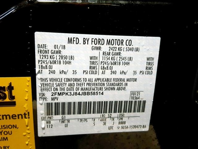 2FMPK3J84JBB58514 - 2018 FORD EDGE SEL BLACK photo 10