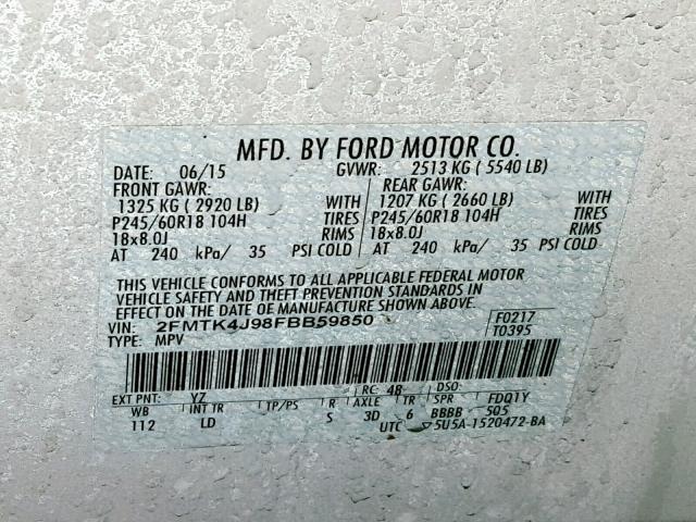 2FMTK4J98FBB59850 - 2015 FORD EDGE SEL WHITE photo 10