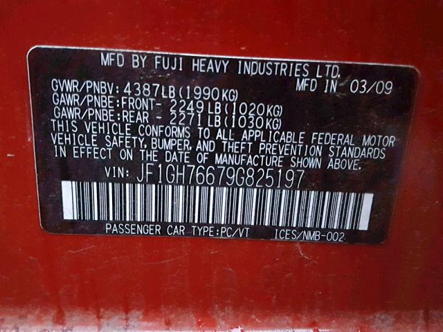 JF1GH76679G825197 - 2009 SUBARU IMPREZA WR RED photo 10