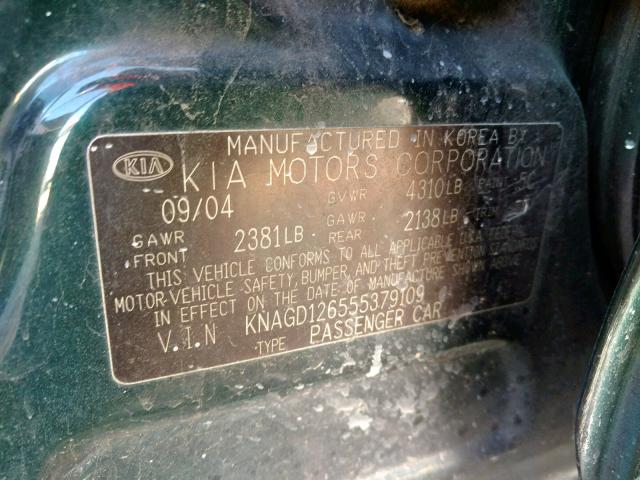 KNAGD126555379109 - 2005 KIA OPTIMA LX GREEN photo 10