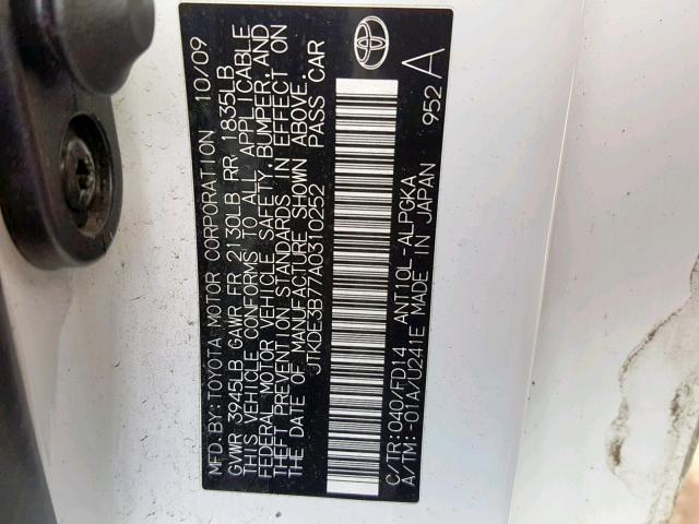 JTKDE3B77A0310252 - 2010 TOYOTA SCION TC თეთრი ფოტო 10