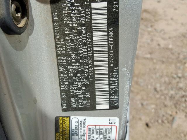 4T1BE32K54U917617 - 2004 TOYOTA CAMRY LE TAN photo 10