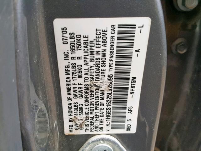 1HGES16325L026095 - 2005 HONDA CIVIC DX V GRAY photo 10