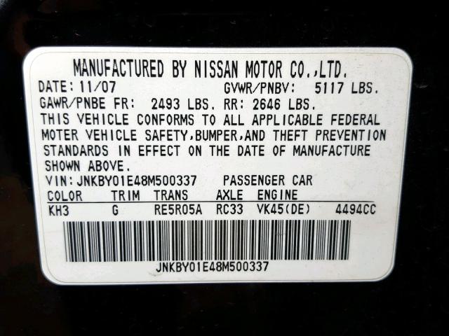 JNKBY01E48M500337 - 2008 INFINITI M45 BASE BLACK photo 10