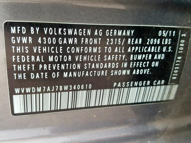 WVWDM7AJ7BW340610 - 2011 VOLKSWAGEN GOLF 灰色 照片 10
