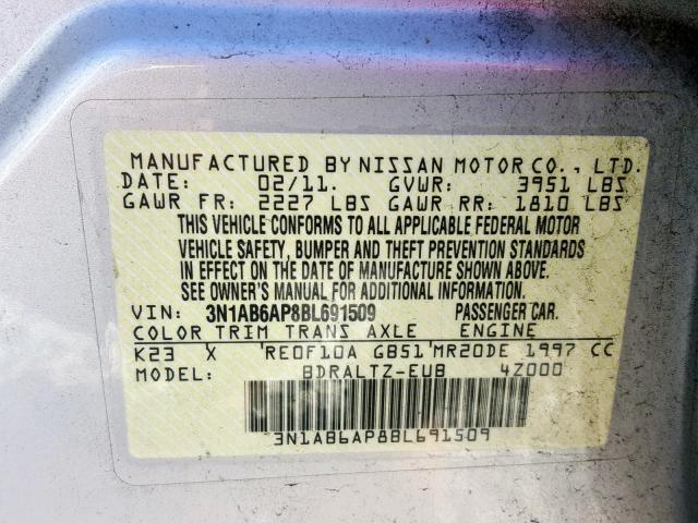 3N1AB6AP8BL691509 - 2011 NISSAN SENTRA 2.0 SILVER photo 10