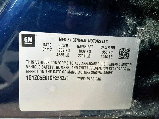 1G1ZC5E01CF255321 - 2012 CHEVROLET MALIBU 1LT ლურჯი ფოტო 10