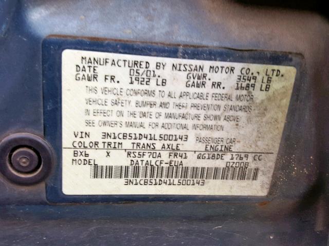 3N1CB51D41L500143 - 2001 NISSAN SENTRA XE BLUE photo 10