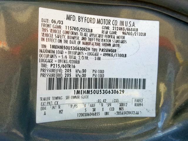 1MEHM50U53G630629 - 2003 MERCURY SABLE GS GRAY photo 10