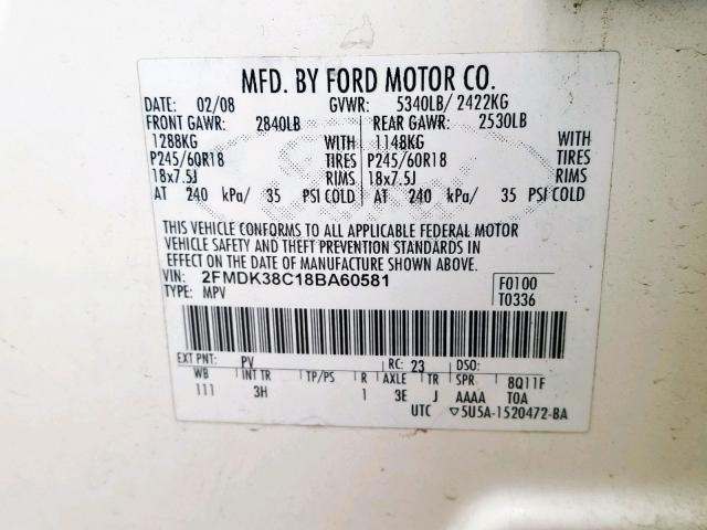 2FMDK38C18BA60581 - 2008 FORD EDGE SEL WHITE photo 10