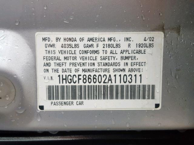 1HGCF86602A110311 - 2002 HONDA ACCORD VAL SILVER photo 10