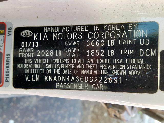 KNADN4A36D6222691 - 2013 KIA RIO EX WHITE photo 10