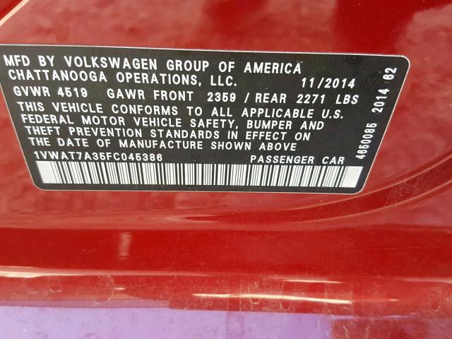 1VWAT7A35FC045386 - 2015 VOLKSWAGEN PASSAT S RED photo 10