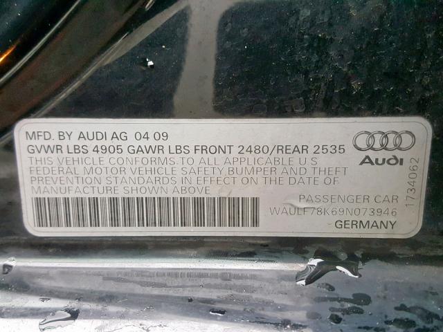 WAULF78K69N073946 - 2009 AUDI A4 2.0T QU BLACK photo 10