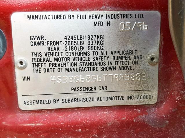 4S3BG6856T7983883 - 1996 SUBARU LEGACY OUT 红色 照片 10