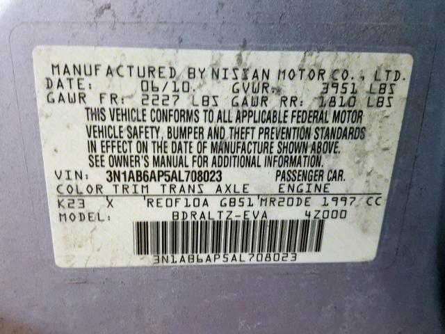 3N1AB6AP5AL708023 - 2010 NISSAN SENTRA 2.0 SILVER photo 10